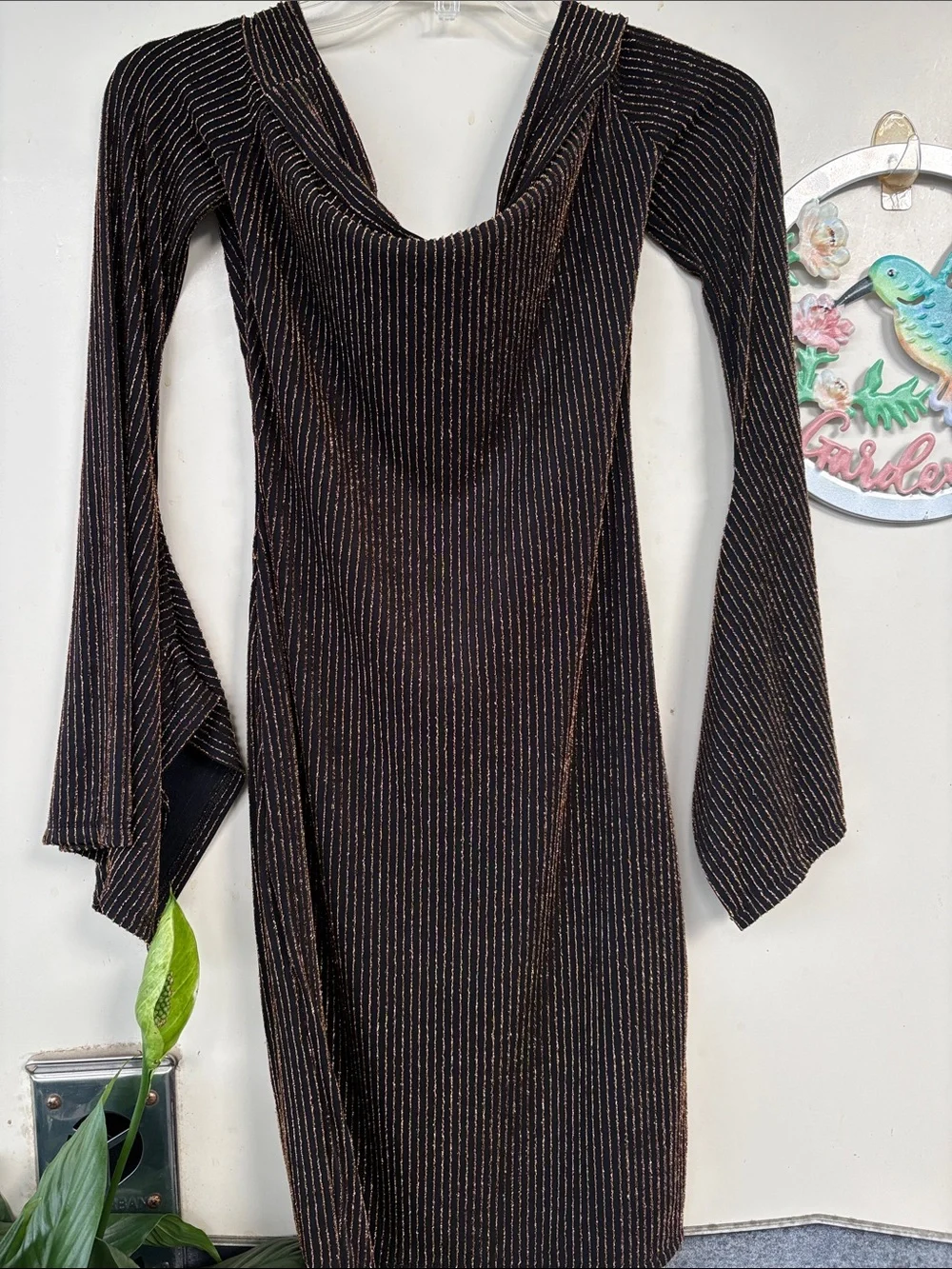 BCBGMaxAzria Brown Metallic-Striped Long Sleeve Cowl Dress - Picture 4 of 7